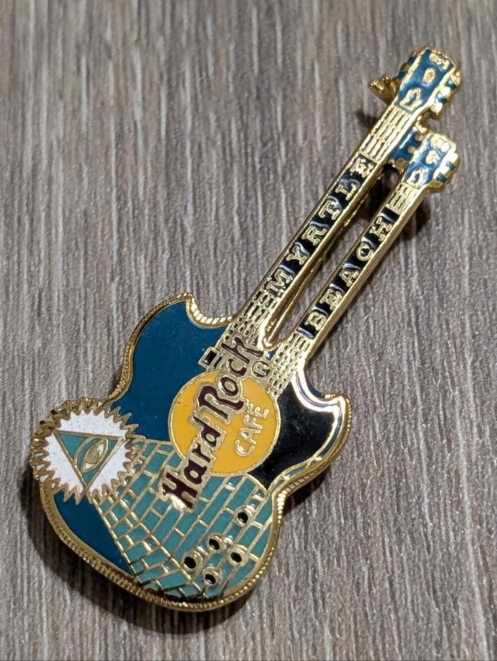 Hard Rock Cafe Teal, Yellow & Gold Double-Neck Myrtle Beach Guitar Pin